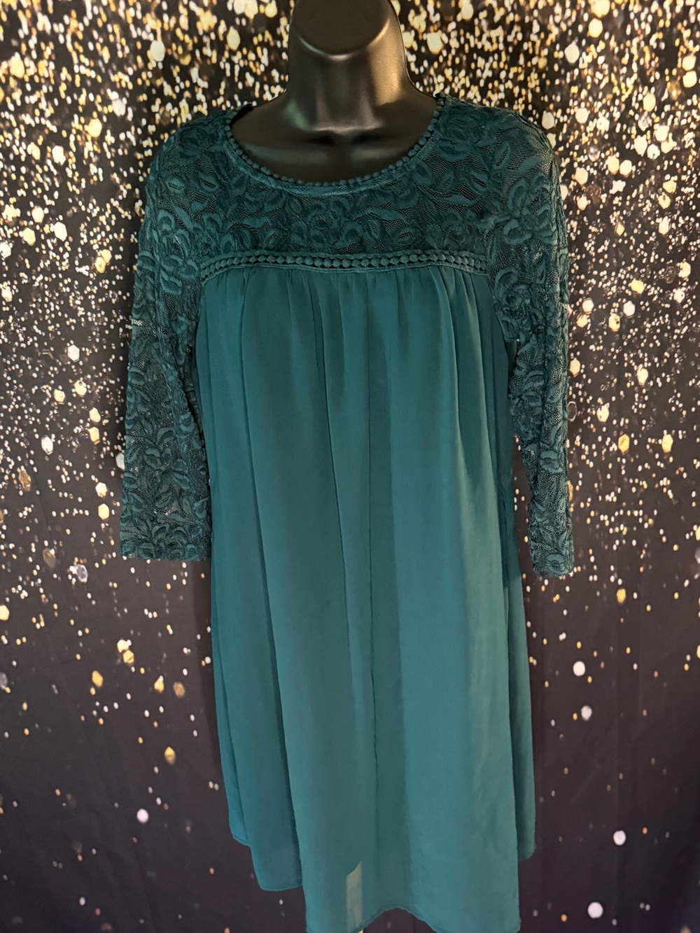 As U Wish Teal Lace Yoke Long Sleeve Swing Dress
